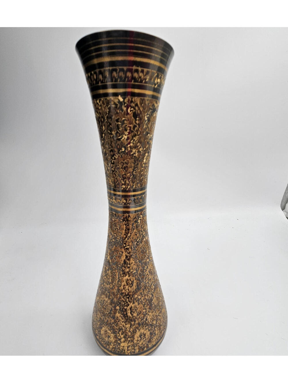 Vintage Brass Hand-Etched Vase Black Gold Floral Embossed Moradabad Region 10.5"